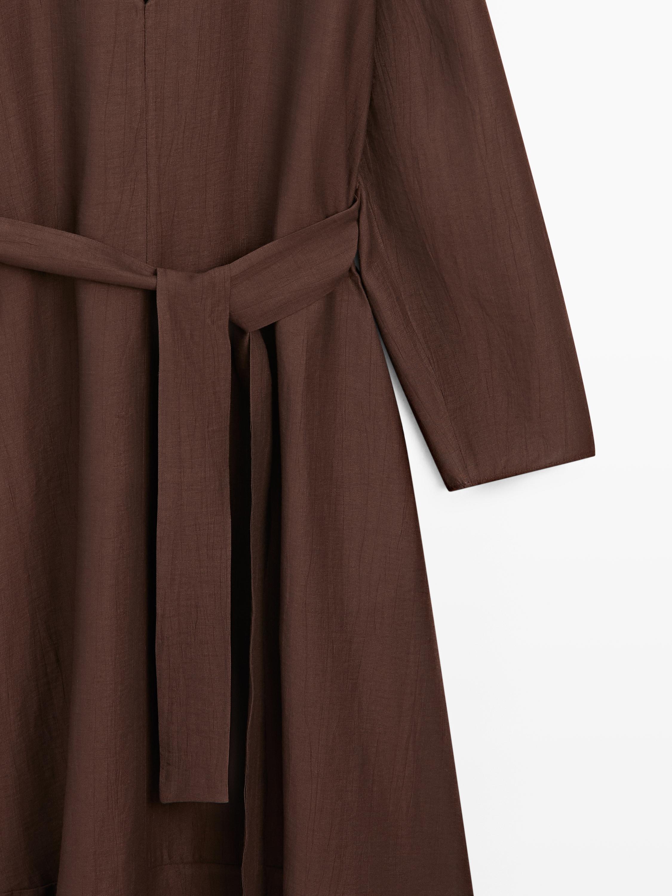 Flowing linen blend midi dress with belt
